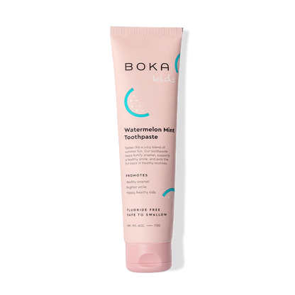 Watermelon Mint n-Ha Toothpaste: pink tube, remineralizes kids’ teeth, watermelon-mint flavor.